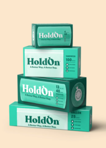 HoldOn staples set stacked boxes of biodegradable garbage bags and biodegradable zip seal bags