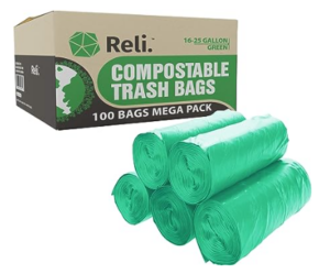 Reli compostable trash bag rolls and packaging